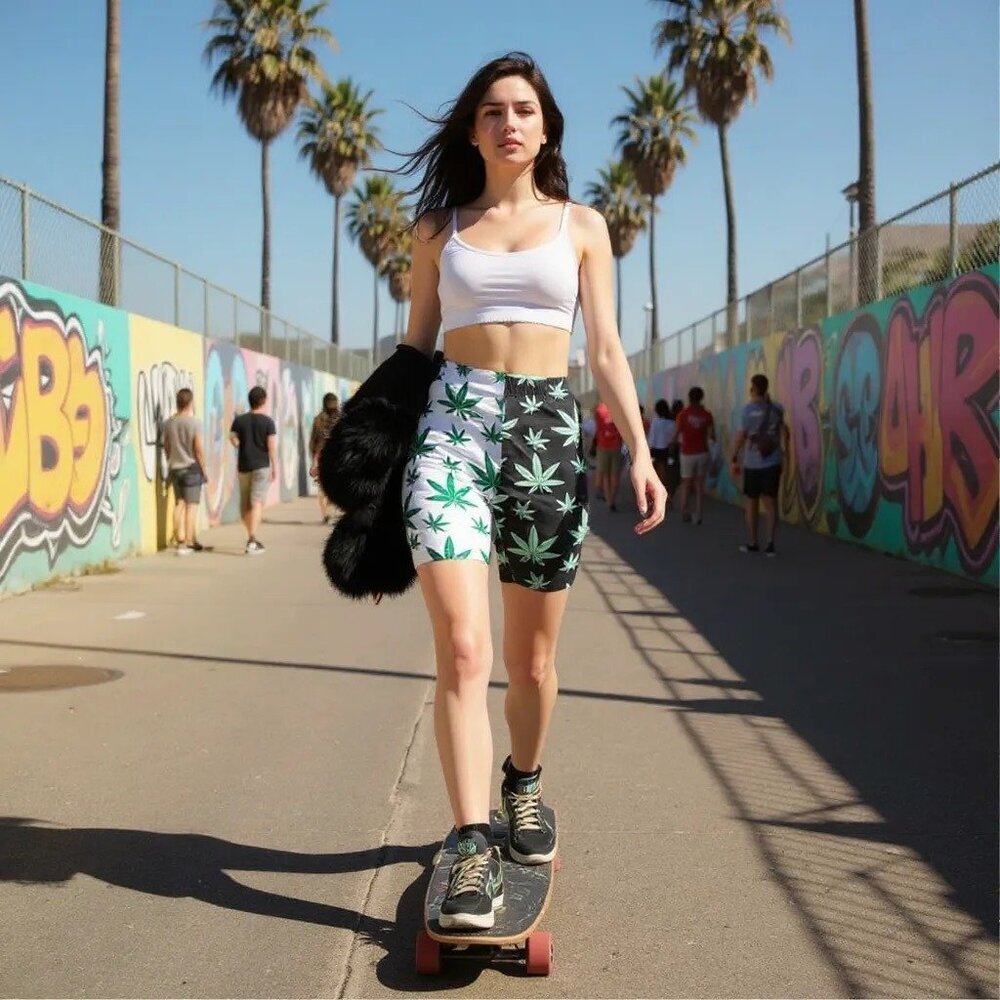 Treasure The Funk ✦ Cannabis Leaf Cycling Shorts ✦ High‑Waist Black White Active - Picture 3 of 5